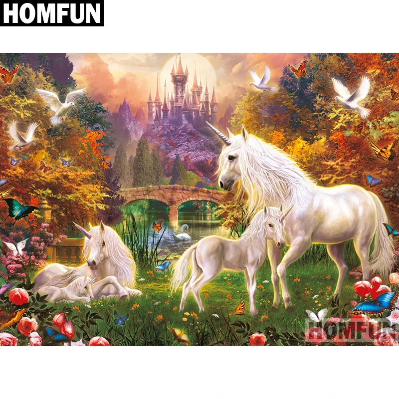 

Картина из страз HOMFUN «Единорог», алмазная 5D Вышивка из смолы, ручная работа, подарок для вышивки крестиком, A03890