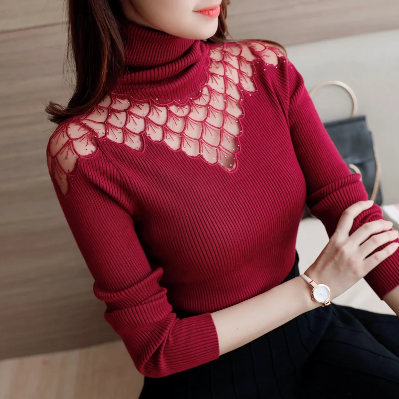 Sweater Women Turtleneck 2020 Autumn Winter New Style Pullover Lace Knitted Shirts Sexy See Through Splice Tops Sweaters Blusas | Женская