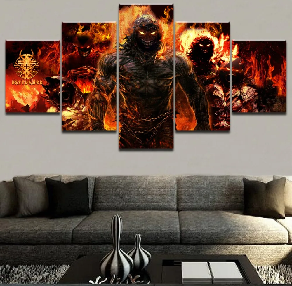Home Decorative Modular Pictures Framework Canvas Posters And Printed 5 Panel Disturbed Heavy Metal Painting On The Wall Art | Дом и сад