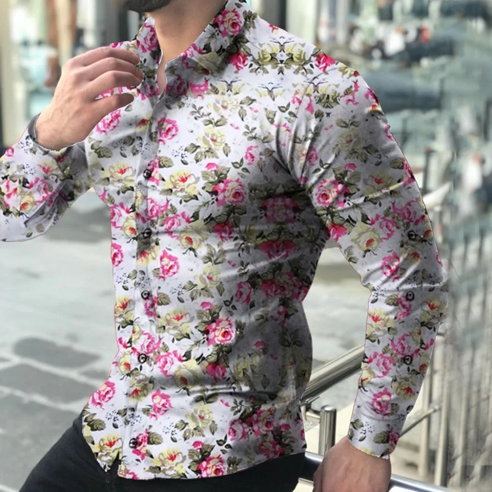Мужская рубашка осень плюс размер Slim Fit рубашки мышцы с длинным рукавом цветочным принтом Мужская блузка Cothing Camisa Social Прямая C