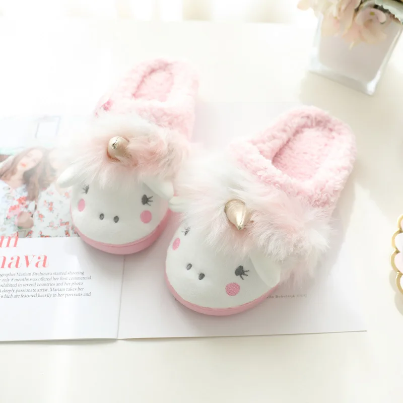 ASILETO Winter cartoon unicorn slippers fur Cotton shoes indoor floor lovely slippers Fluffy slip on cozy size 35-40 Pantoufle