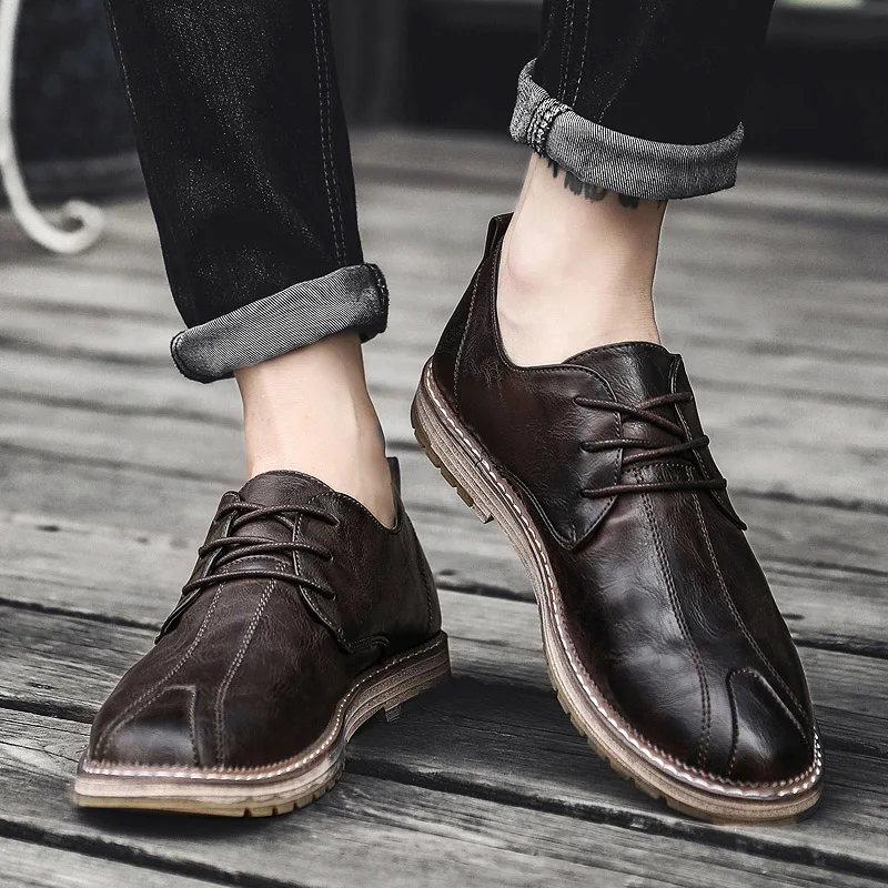 

2019 Men's Casual Shoes Comfortable Flats Lace-up Back Khaki Wine-red Fashion Style For Men Leisure Daily Leather Adult Footwear