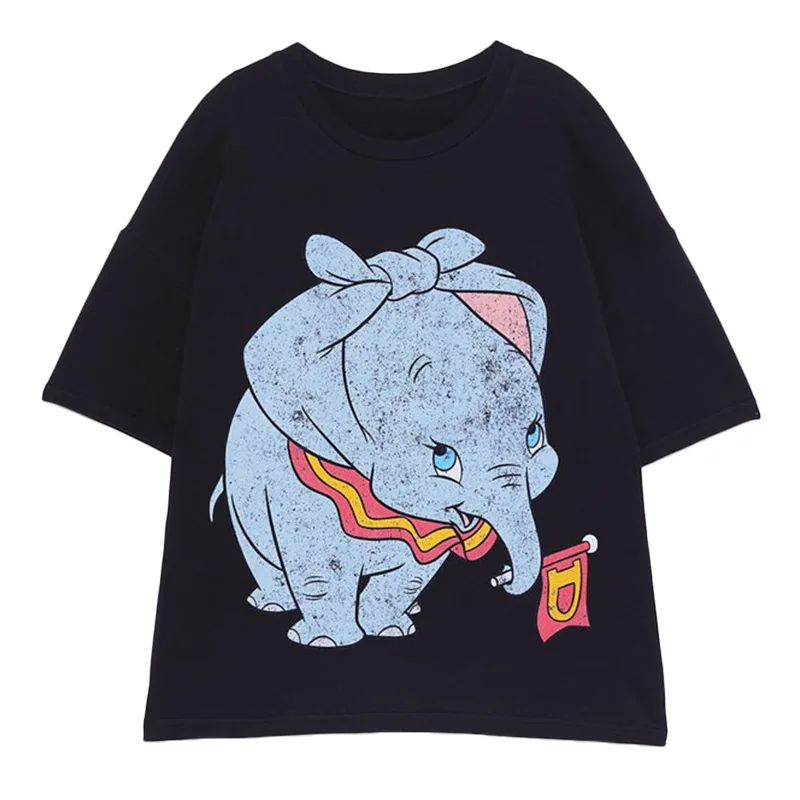Dumbo женская футболка с принтом Футболка с животными Kawaii футболка смешной короткий рукав футболки женские чисто черные топы женские ZR - Цвет: Черный