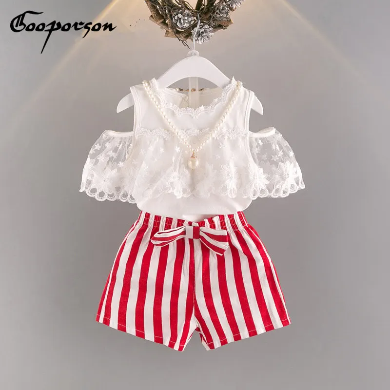 Комплект летней одежды для девочек рубашка + штаны ожерелье детская одежда