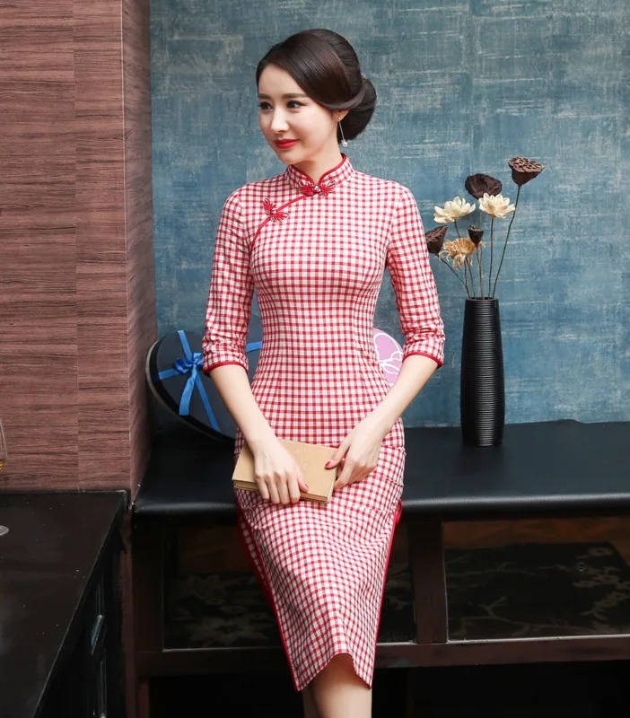 Sheng Коко Женская Полосатая сетка Qipao традиционный ченсам китайское платье решетки Восточная Ципао вечерние длинные Qi Pao платья