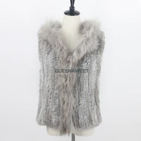 hooded knitted rabbit fur vest with raccoon fur collar womens sleeveless