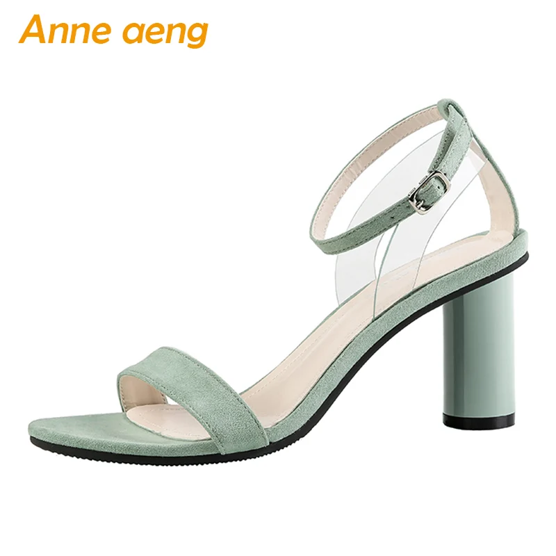 Женские босоножки на высоком квадратном каблуке зеленые сандалии с пряжкой лето
