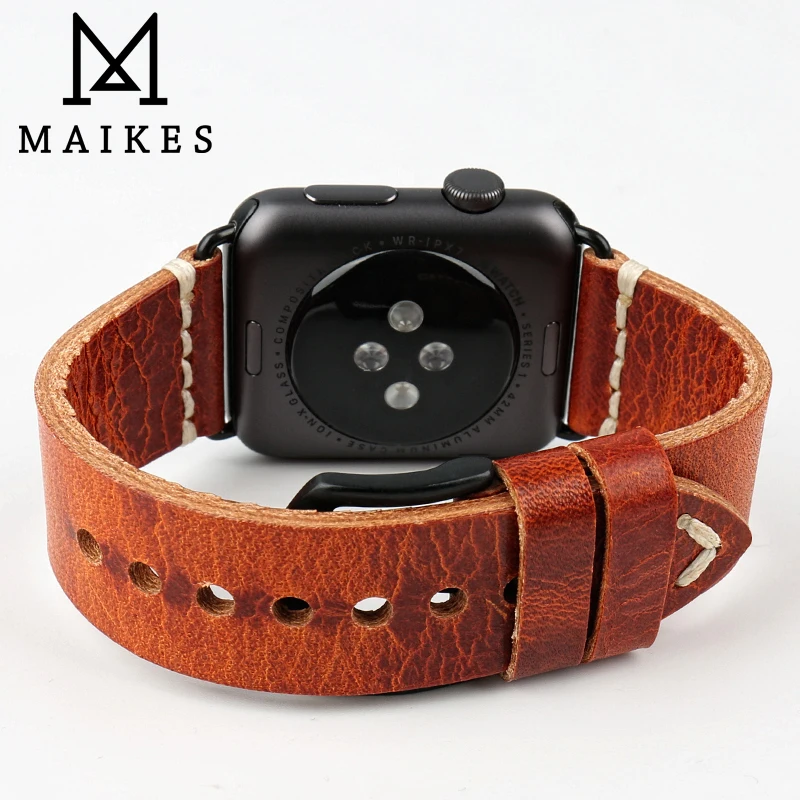 MAIKES Vintage Oil Wax Leather Watchband For Apple Watch Strap 49mm 45mm 44mm 40mm 42mm 38mm iWatch SE Series 8 7 6 5 4 3 2 1