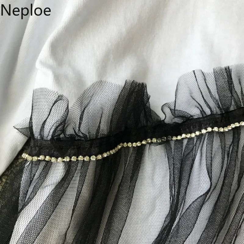 Женские футболки с рюшами Neploe летние круглым вырезом и коротким рукавом сетчатые