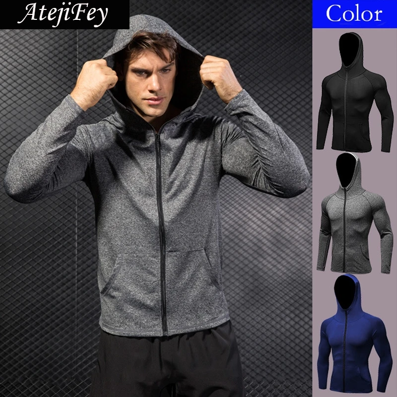 Autumn Running Jacket Elastic Cap Hoodies For men Long sleeve Sweatshirt bodybuilding Jerseys Fitness Zipper Yoga Sportswear | Спорт и