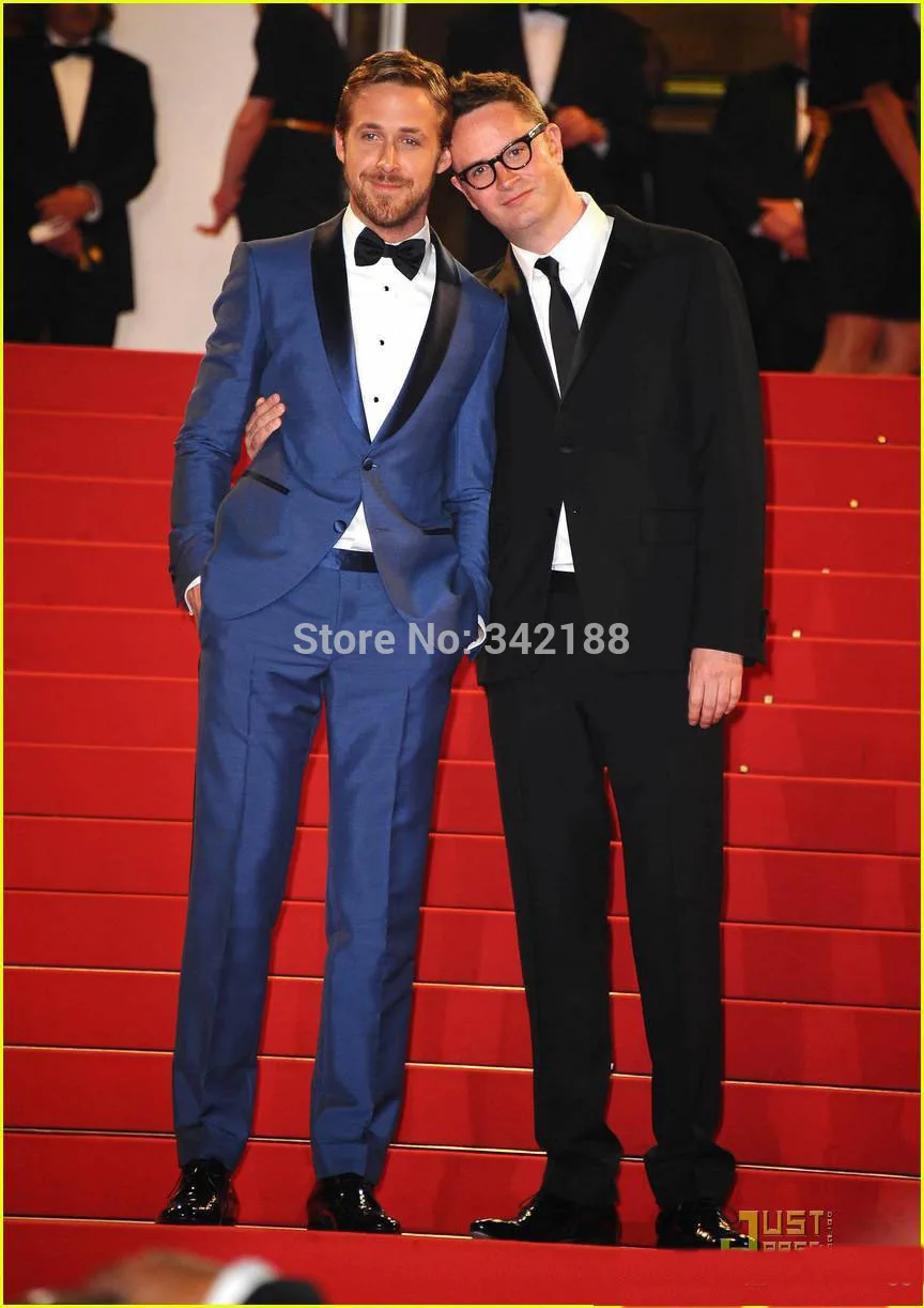 Мужской приталенный смокинг для жениха темно-синий деловой бутиловая шаль