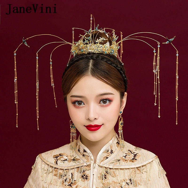 

JaneVini Traditional Chinese Wedding Crown Beaded Ancient Green Hairpins Long Tassel Wedding Headdress Bridal Jewelry Ornament