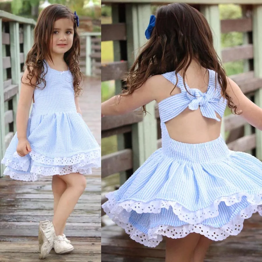 2019 New Baby Girls Dress Toddler Kids Summer Backless Clothes With Bow Blue Striped Lace Party Layered Princess Vestido | Детская