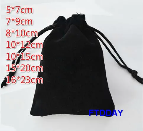 

100 шт./лот 5x7, 7x9, 8x10, 10x12, 10*15, 15*20, 16*23 см черные бархатные сумки и мешочки для ювелирных изделий подарочная упаковочная сумка