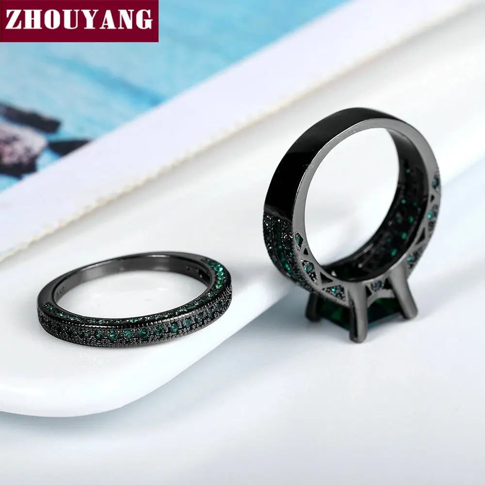 ZHOUYANG, высокое качество, 6 мм, кубический цирконий, созданный зеленый кристалл, квадратный набор колец, Черное золото, вечерние кольца R689