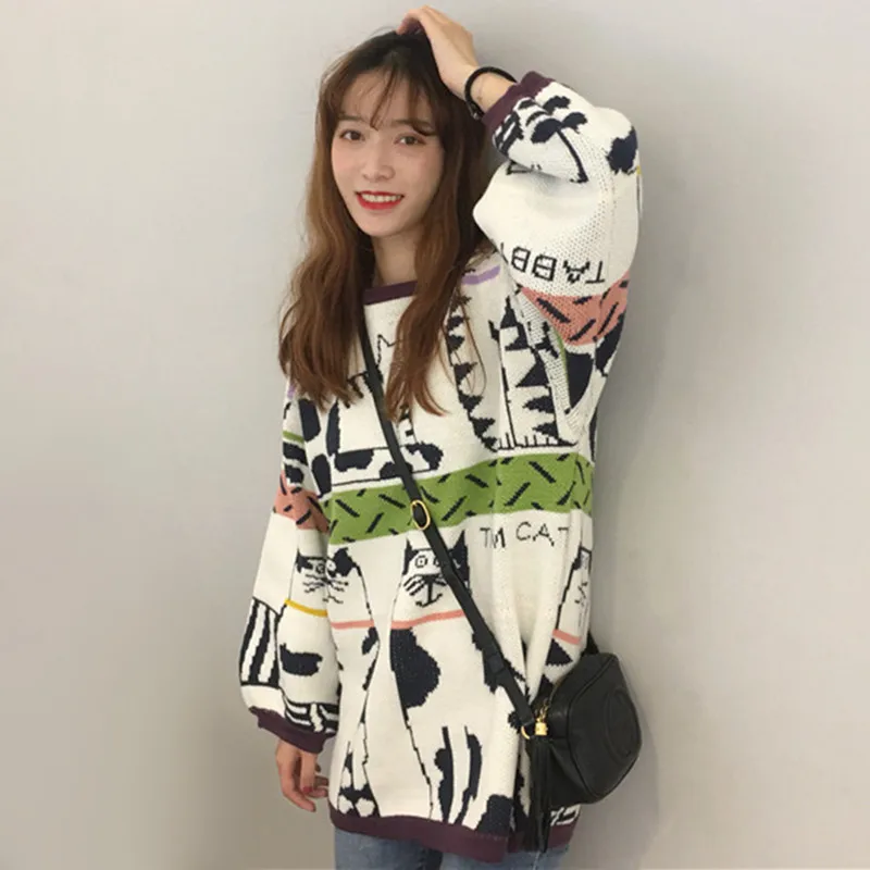 Super Cute Kawaii Cartoon Cat Sweater Women Autumn Winter Loose Long Pullovers Knitted Plus Size Knitwear Jumpers Ladies | Женская