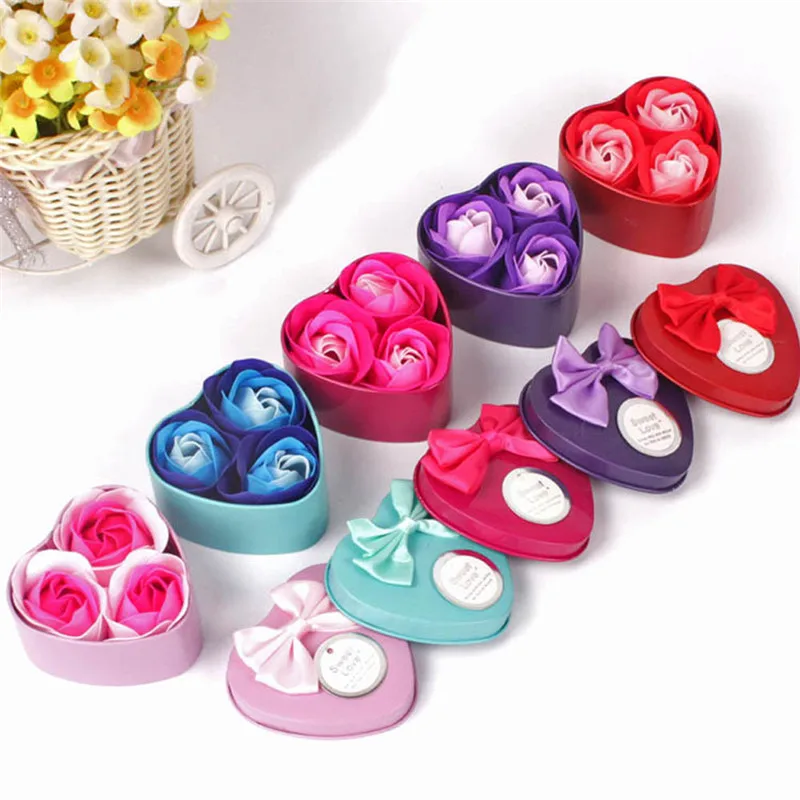 

Jonggo Rose Flower Case Flower Box 3Pcs Heart Scented Bath Body Petal Rose Flower Soap Wedding Festival Party Decoration #40