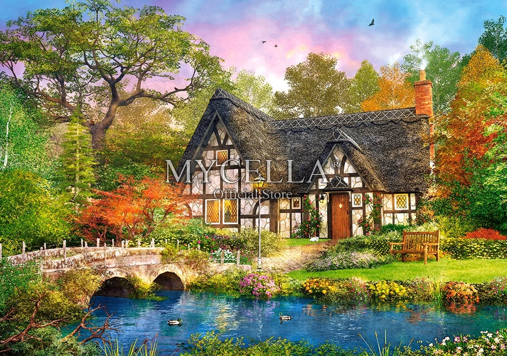 

landscape 5D Diy Diamond Painting Stoney Bridge Fall Cabins Cottages Diamond Embroidery Full Drill Needlework Mosaic Home Decor