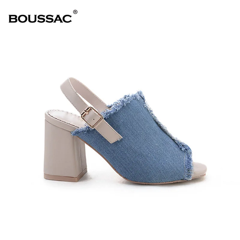 Vogue Denim High Heel Women Mules Peep Toe Pumps Heels Back Strap Fringe Summer Sandals Shoes SWC0020 | Обувь