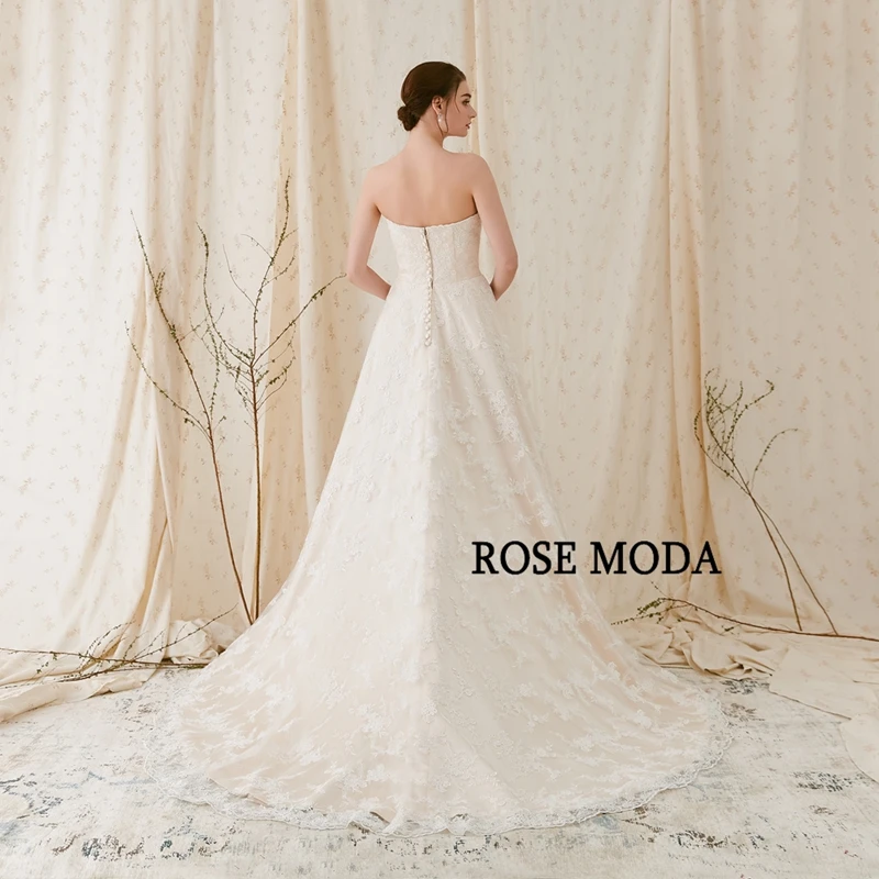 Розовое платье кружевное без бретелек цвета шампанского|a line wedding dress|chantilly lace