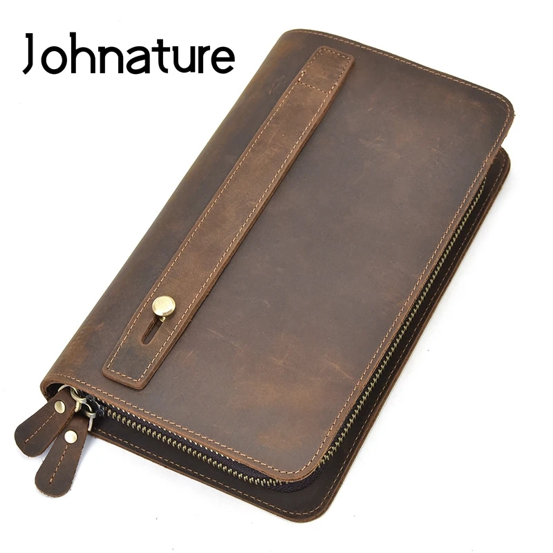 

Johnature 2021 New Retro Men Clutch Wallets Crazy Horse Leather Solid Double Zipper Multi-card Position Long Wallet Card Holder