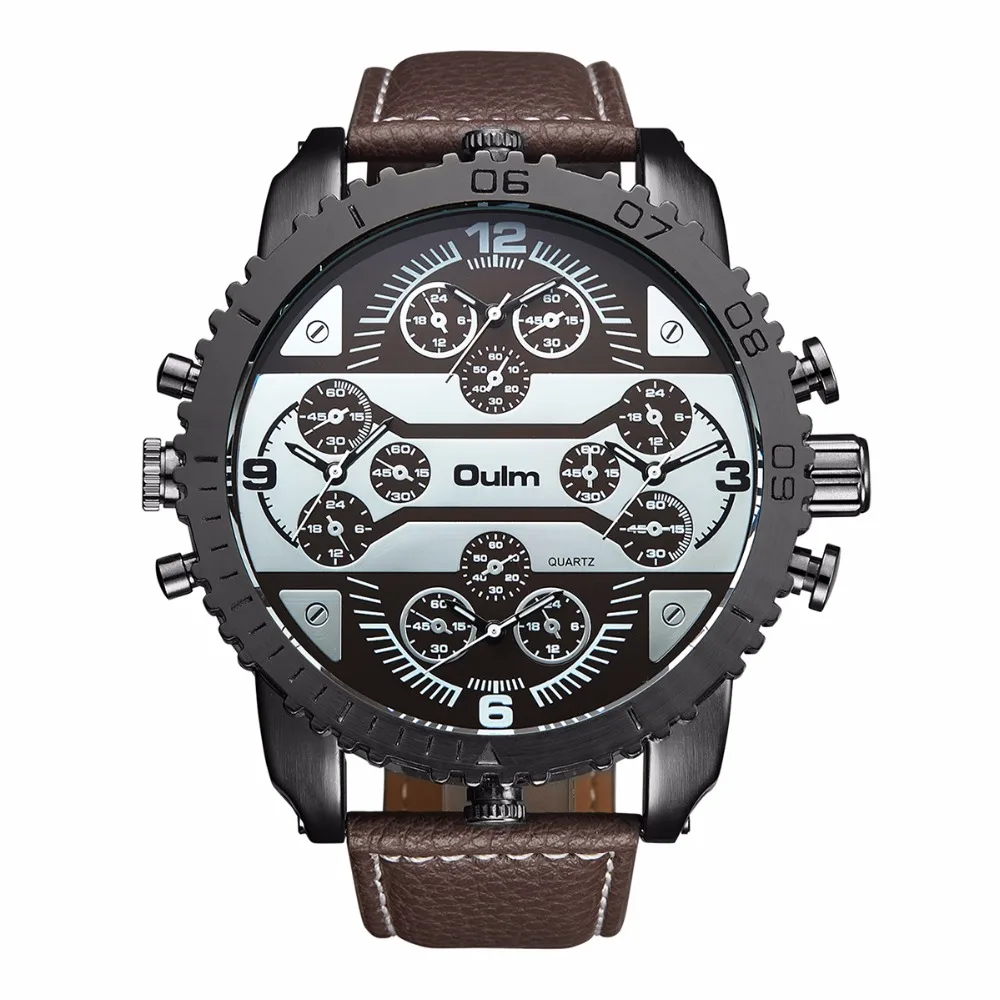 

OULM Men's Watches Aviator Military DZ Quartz-watch Wristwatch Leather Strap 4 Time Zone Oversize Gear-shaped Bezel Leather Band