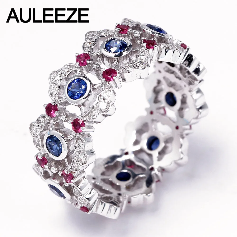 AULEEZE винтажный 0,8 cttw натуральный сапфир Weedding Band 18 к белое золото настоящий бриллиантовый, рубиновый кольца для женщин драгоценный камень ювелирные изделия - Цвет камня: Синий