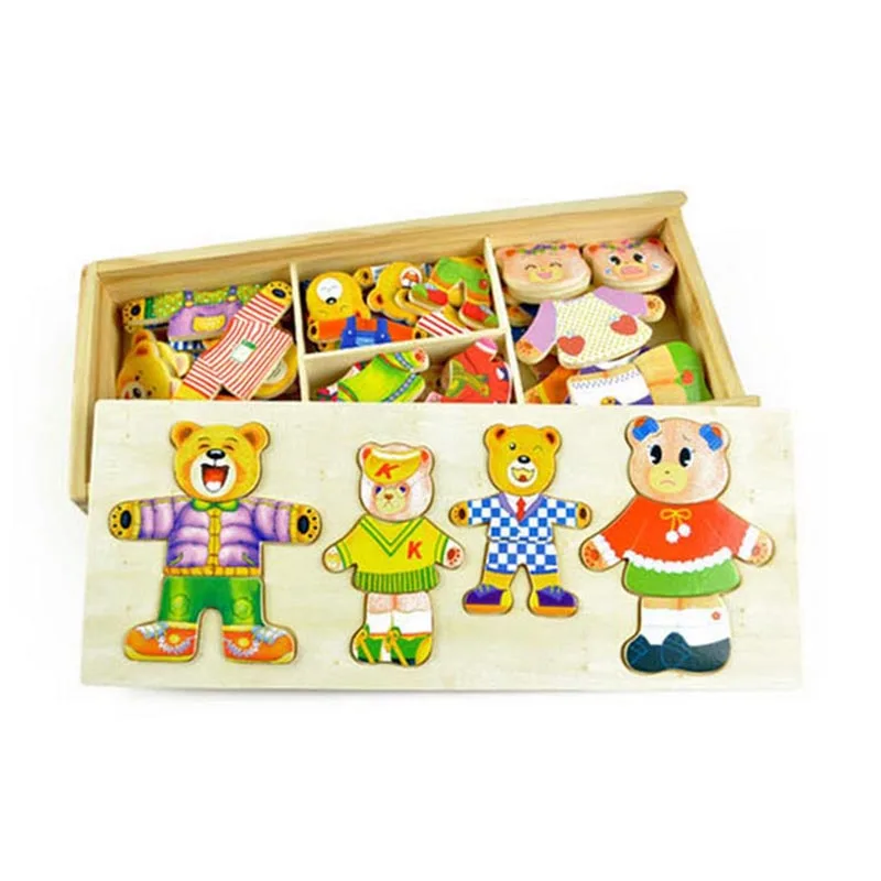 DIY деревянный медведь семья одевая головоломки развивающая игрушка для детей