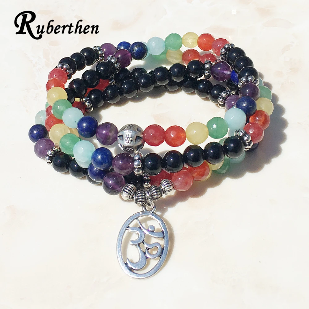 Новый модный браслет Ruberthen 108 Mala 6 мм натуральный черный камень 7 чакр колье лучший