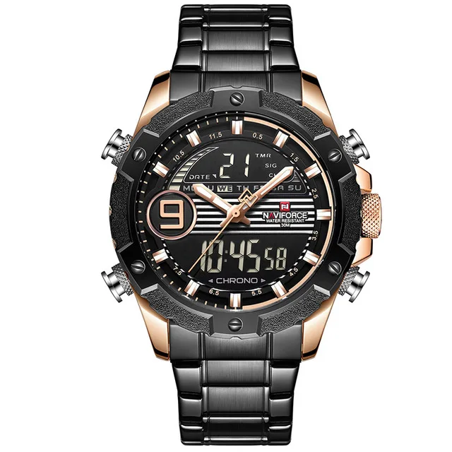 Топ люксовый бренд NAVIFORCE мужские спортивные часы мужские кварцевые цифровые аналоговые часы мужские модные полностью стальные водонепроницаемые наручные часы - Цвет: black gold