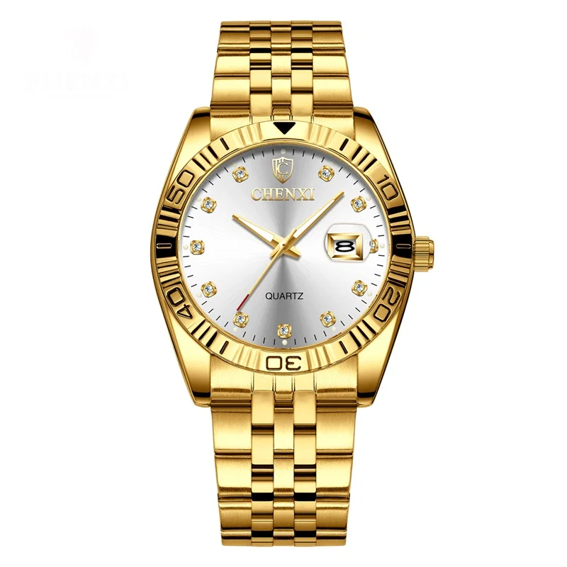 Women White Dial CHENXI брендовые парные часы, кварцевые часы для влюбленных, наручные часы для мужчин и женщин, золотые роскошные часы из нержавеющей стали, часы с календарем, Reloj Hombre - Цвет: Women White Dial