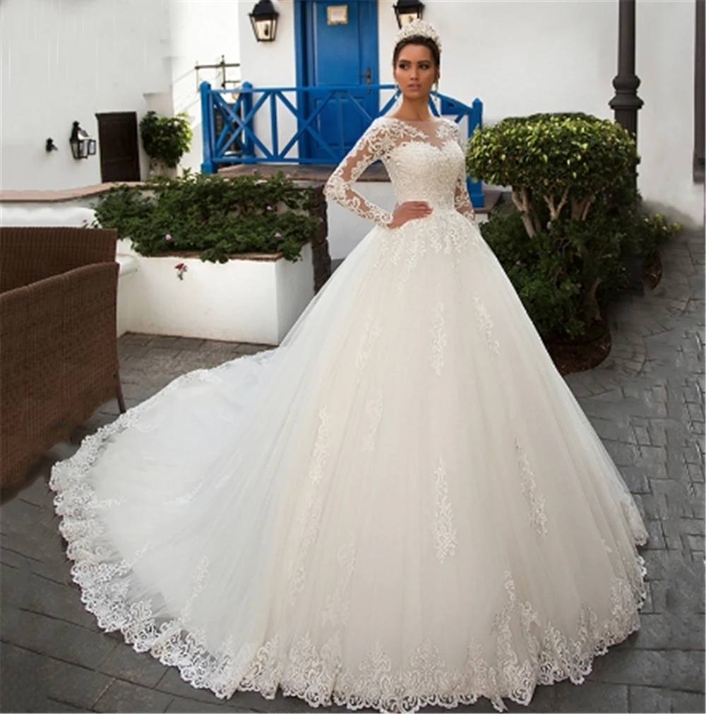 

Court Train scoop Tulle And Organza Beading Appliques Wedding Dress 2023 Illusion Long Sleeves Lace Wedding Gowns