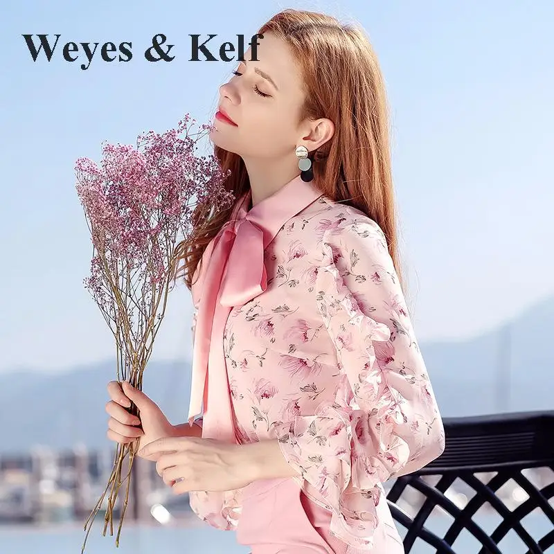 Weyes & Kelf шифон с цветочным принтом Блузки Для женщин 2018 Весна Однобортный коротким