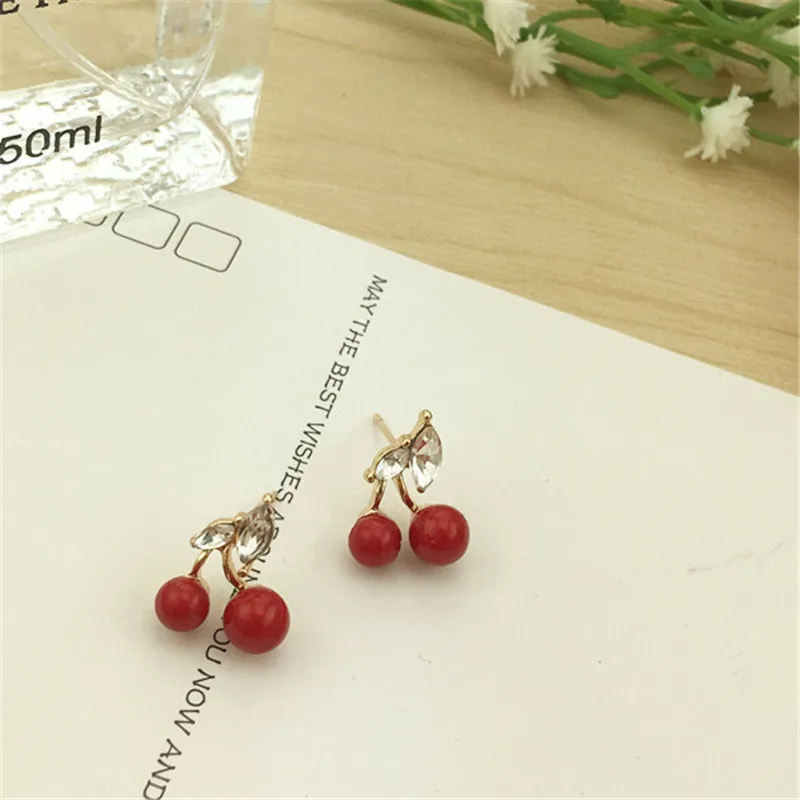 Женщины Стразы стад серьги double side Симпатичные red cherry Корейский стиль