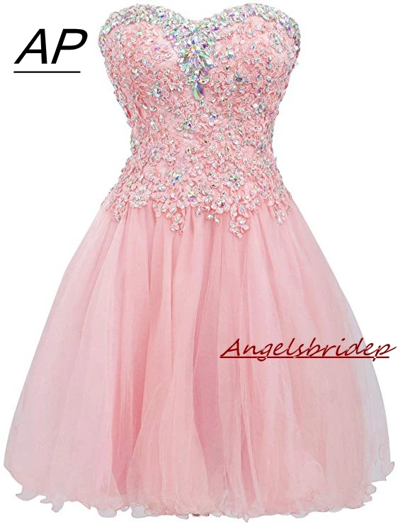 Pink ANGELSBRIDEP Mezuniyet Elbiseleri, платья для выпускного вечера, сексуальное коктейльное платье выше колена, модное мини платье с кристаллами, вечерние платья 8-го класса - Цвет: Pink