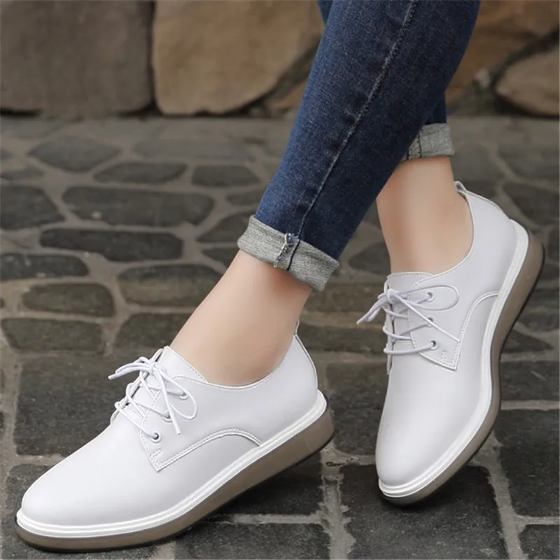 

SNURULAN 2018 Women Flats Shoes Fashion Korean White Shoes Genuine Leather Lace Up Women's Casual Shoes Oxford Shoes LoafersE089