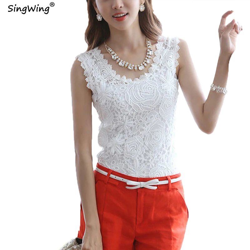 Женская летняя кружевная блузка с круглым вырезом белая рубашка без рукавов