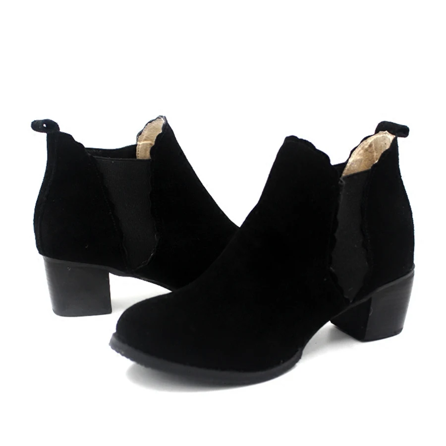 black suede Женские ботильоны «Челси» из натуральной коровьей замши; зимние ботинки на плоской подошве; удобная качественная мягкая обувь; брендовая дизайнерская обувь ручной работы с мехом - Цвет: black suede