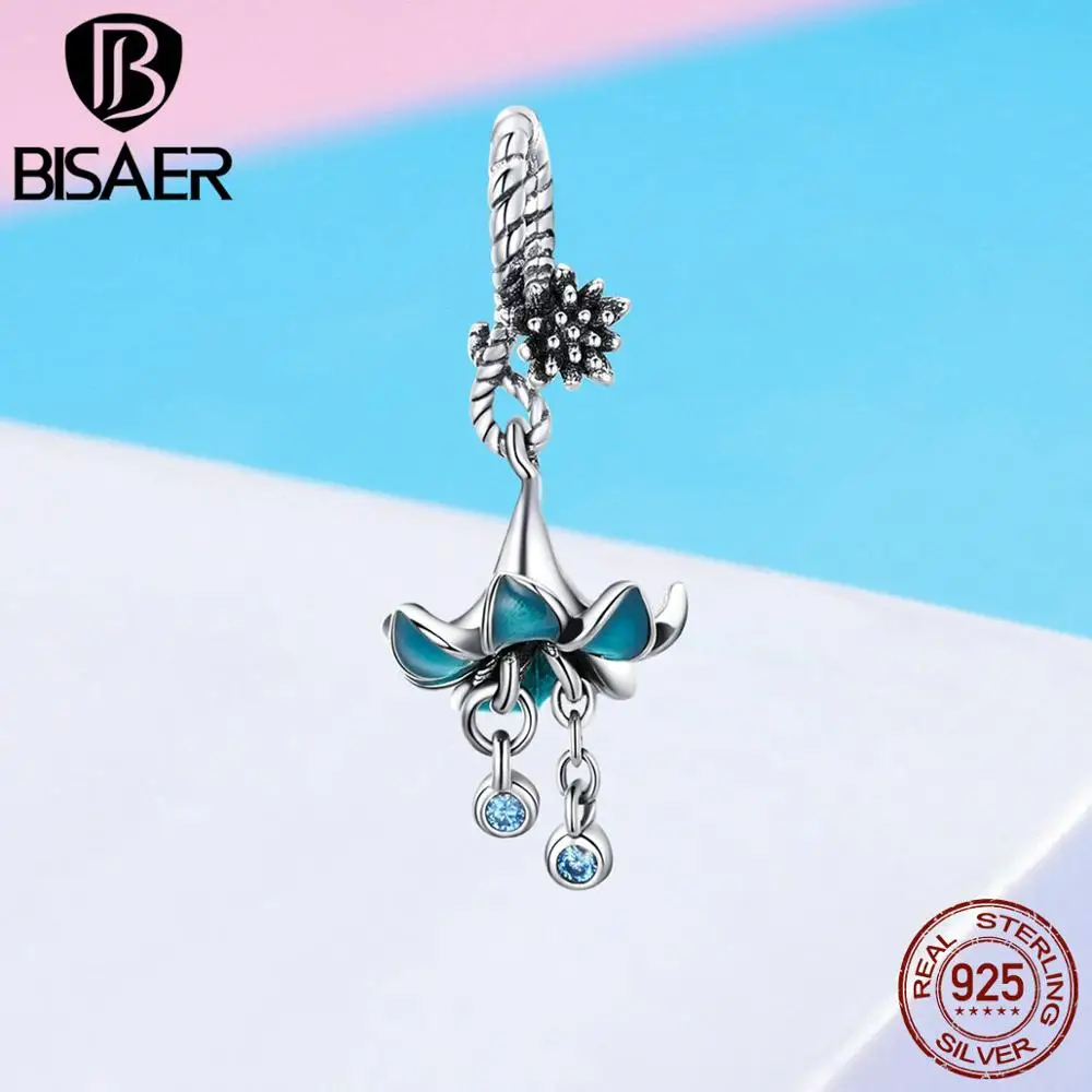 BISAER, 925 пробы, серебряные крылья ангела, сияющая Орхидея, ослепительные Подвески с ромашками и бусинами, подходят для шармов, браслет, сердце, серебряные ювелирные изделия