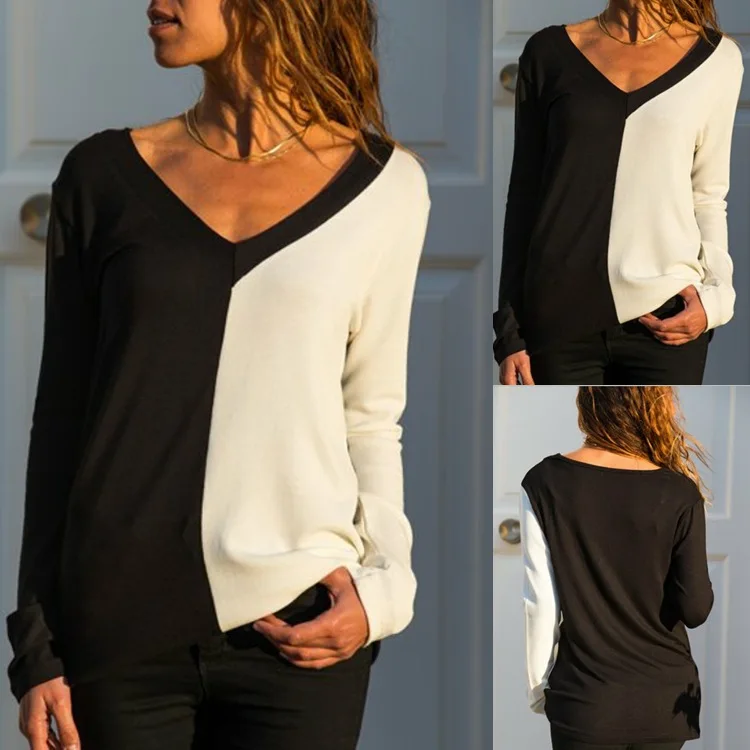 

girls style autumn patchwork sexy cute v-neck woman t-shirt sheath slim fashion female long sleeve t-shirt