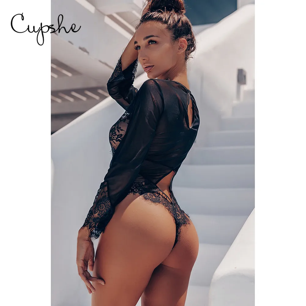 CUPSHE женское нижнее белье однотонный черный сетчатый кружевной цельный