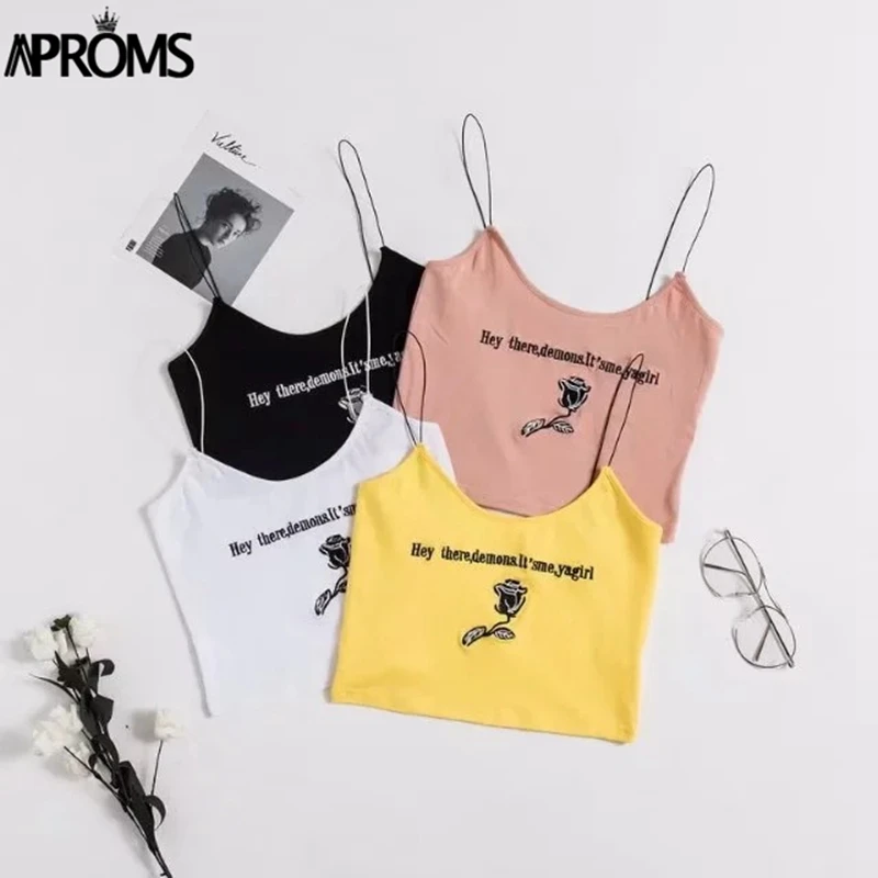 Aproms, уличная одежда, с вышивкой розы, базовые женские майки, высокая мода, яркие, тянущиеся, кроп-топ, 90 s, крутые, для девочек, короткие, бюстье, топы на бретелях