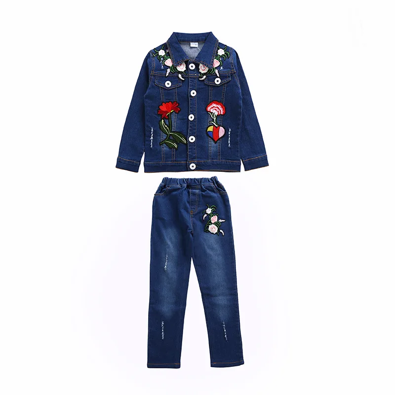 Комплект одежды для девочек весенне Осенняя детская джинсовая куртка с вышитыми