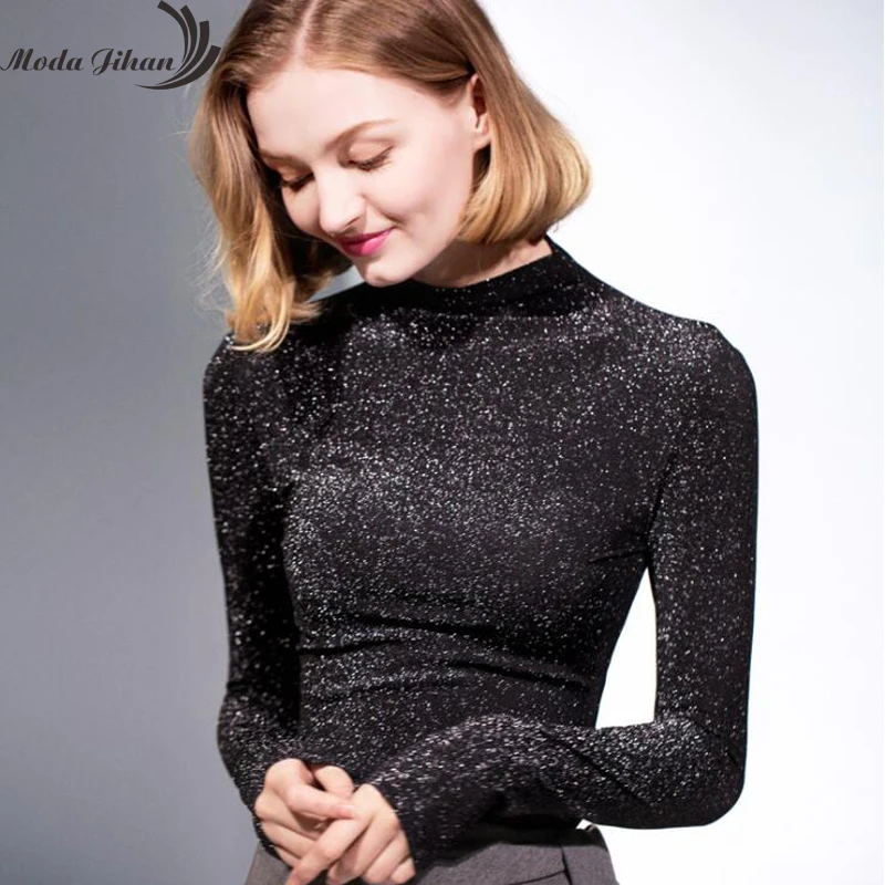 Moda Jihan женские футболки блестящая водолазка с высоким воротником топы длинными