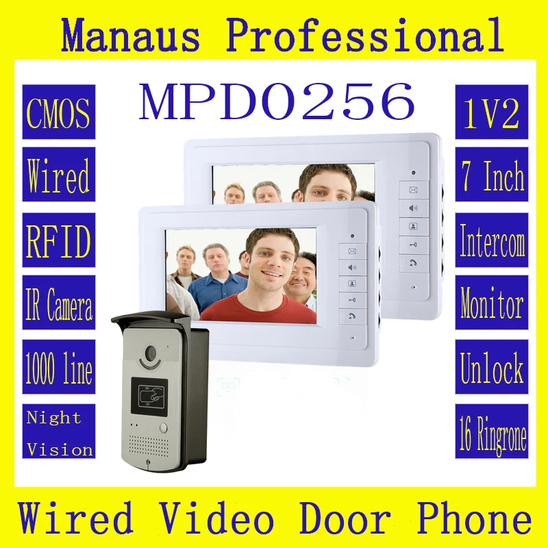 

D256b Hot Sale 7" Color Video Intercom 1V2 Door Phone System With 2 White Monitors 1 RFID Card Reader Doorbell 1000TVL HD Camera