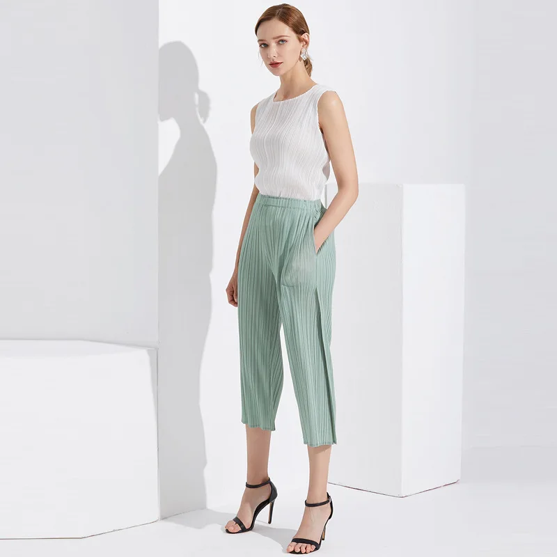 

Miyake Folds Comfortable Open Fork Cool Breathable Pants Summer Japanese Simple and Loose Basic Pants