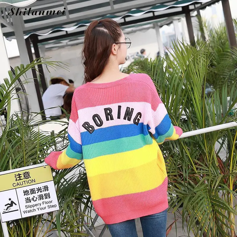 

New Fashion Women Rainbow Oversized Pullover Long Knitted Sweater Cape Tops 2018 Autumn Winter Femme Warm Sweaters Pull Femme