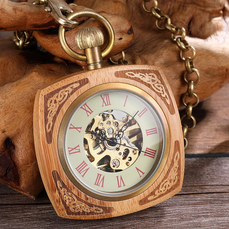

Creativity Wooden Mechanical Pocket Watch Men Women Square Elegant Carving Dial Hollow Skeleton Roman Numerals Steampunk Watches