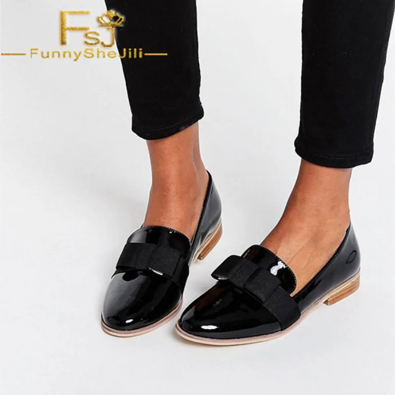 

Black Patent Leather Round Toe Bow Flat Loafers for Women Slip-On Spring Autumn Cross-tied Anniversary Fashion FSJ Sexy Elegant