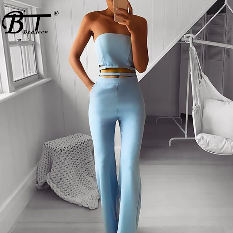 Женские комбинезоны без бретелек Beateen синие брюки бандо рукавов с расклешенными